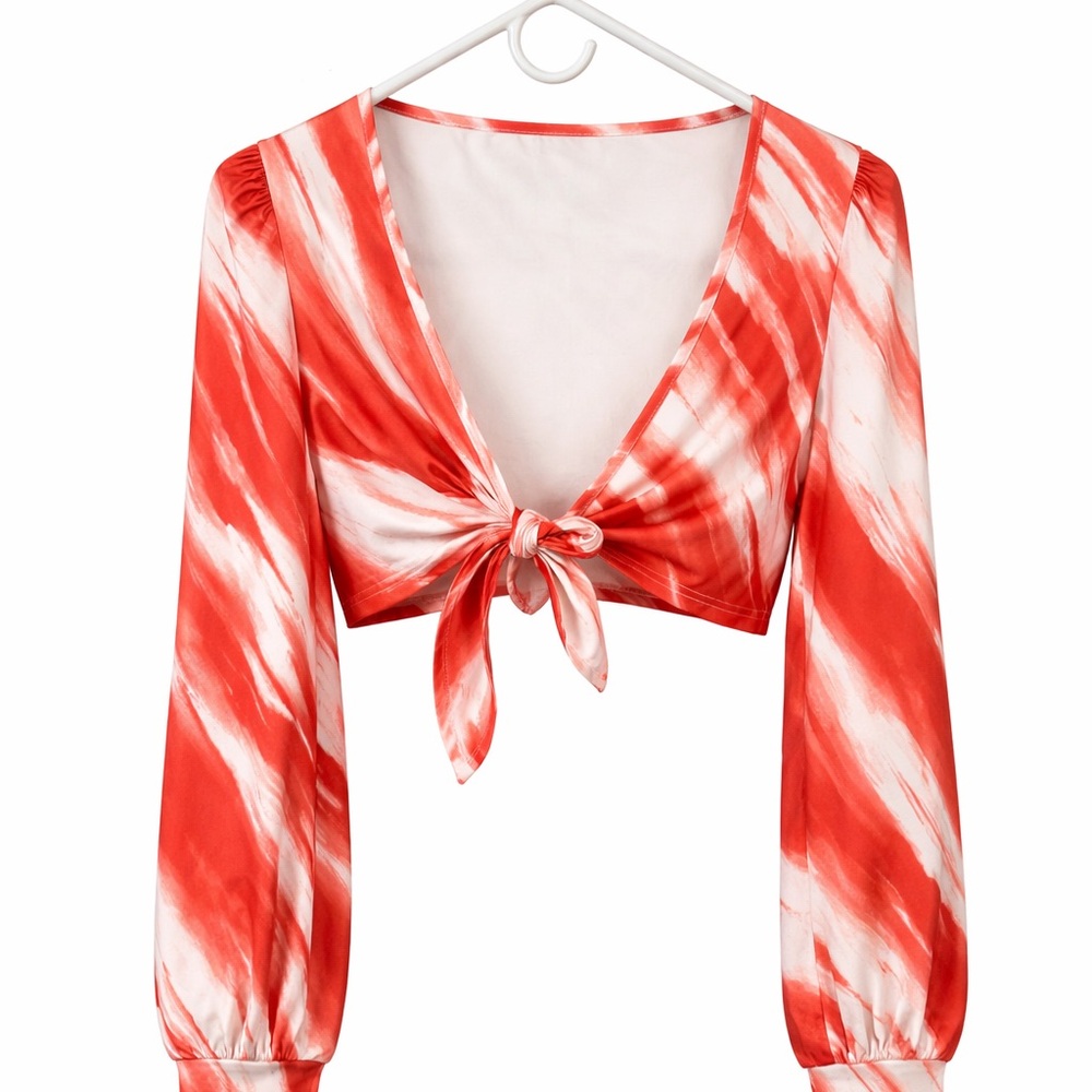 ROMWE Red and White Tie-Front Crop Top